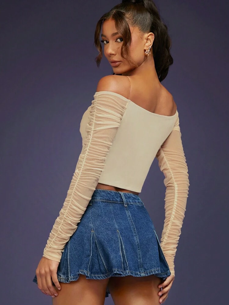 Off Shoulder Ruched Mesh Long Sleeve Crop Top
