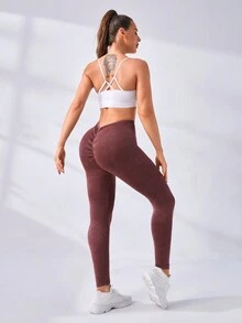 SHEIN Sports Liền mạch Căng cao Scrunch Butt Quần Xà cạp thể thao - Màu đỏ tím - Xem 2