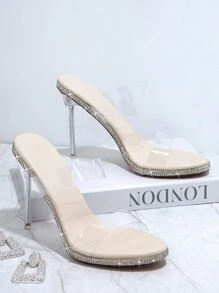 SHUZIA Rhinestone Decor Clear Strap Stiletto Heeled Sandals - Apricot - View 4