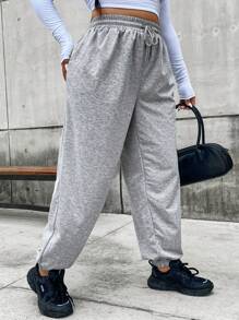 Flirla Plus Drawstring Waist Slant Pocket Sweatpants - Light Grey - View 4