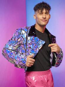 FeverCity Men Holographic Geo Biker Jacket - Pink - View 5