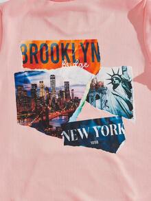 ROMWE MEN Street Life 男士建築和字母圖形拉繩保暖衛衣 - 粉色 - 查看 3