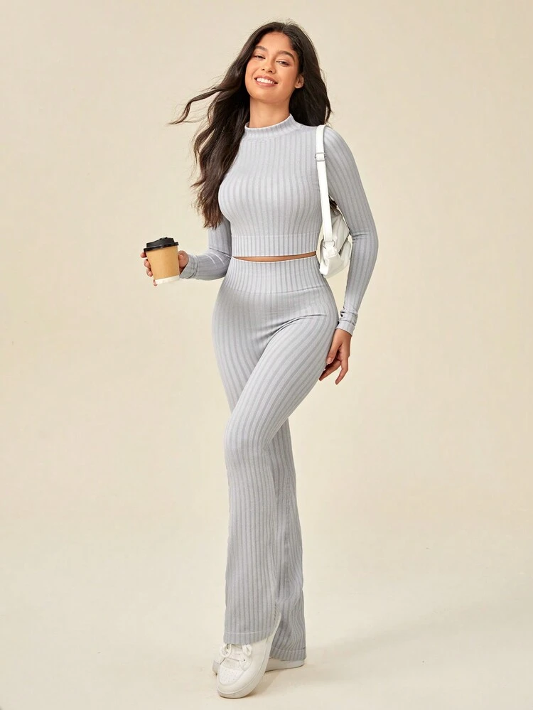 Mock Neck Sports Tee & Flare Leg Pants