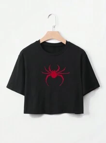 SHEIN EZwear Spider Print Crop Tee - Black - View 1