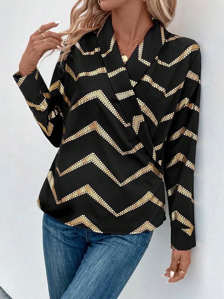 Chevron Print Shawl Collar Blouse