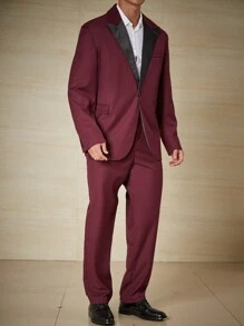 Manfinity AFTRDRK 男士大码西裝領單釦西裝外套&西裝褲 - 酒紅色 - 查看 3