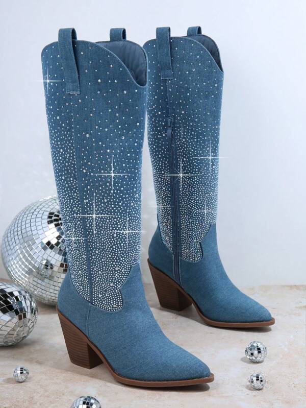 SHUZIA Decor cu strasuri, cizme din denim cu toc gros