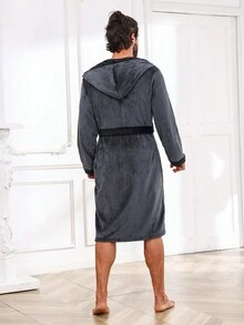 男士拼接邊腰帶睡袍 - 深灰色 - 查看 2