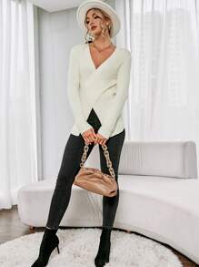 SHEIN Clasi Jersey de punto acanalado cruzado para otoño e invierno - Albaricoque - Ver 3