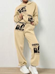 SHEIN Unity Letter Graphic Drop Shoulder Hoodie & Sweatpants - Apricot - View 5