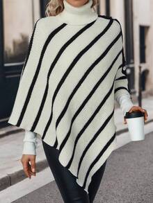SHEIN LUNE Striped Pattern Turtleneck Batwing Sleeve Asymmetrical Hem Poncho Sweater - Black and White - View 5