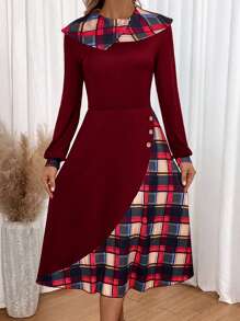 SHEIN Lady Plaid Print Button Detail Dress - Burgundy - View 1