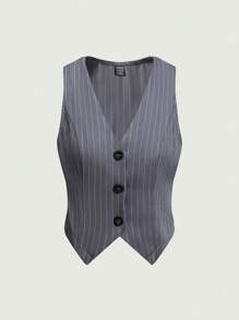 Sweetra Striped Print Button Front Vest Blazer