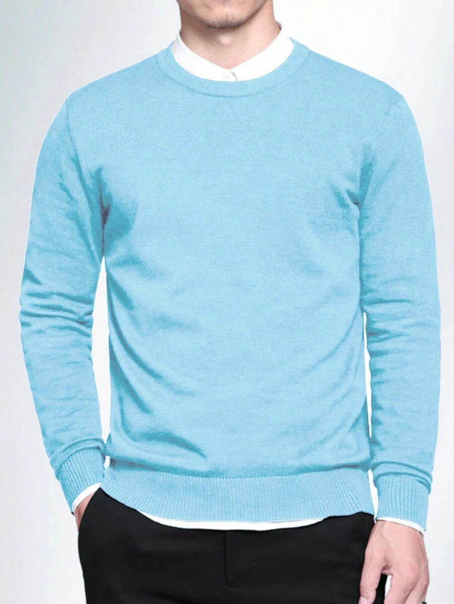 Manfinity Homme Men Solid Round Neck Sweater Without Shirt - Baby Blue - View 1