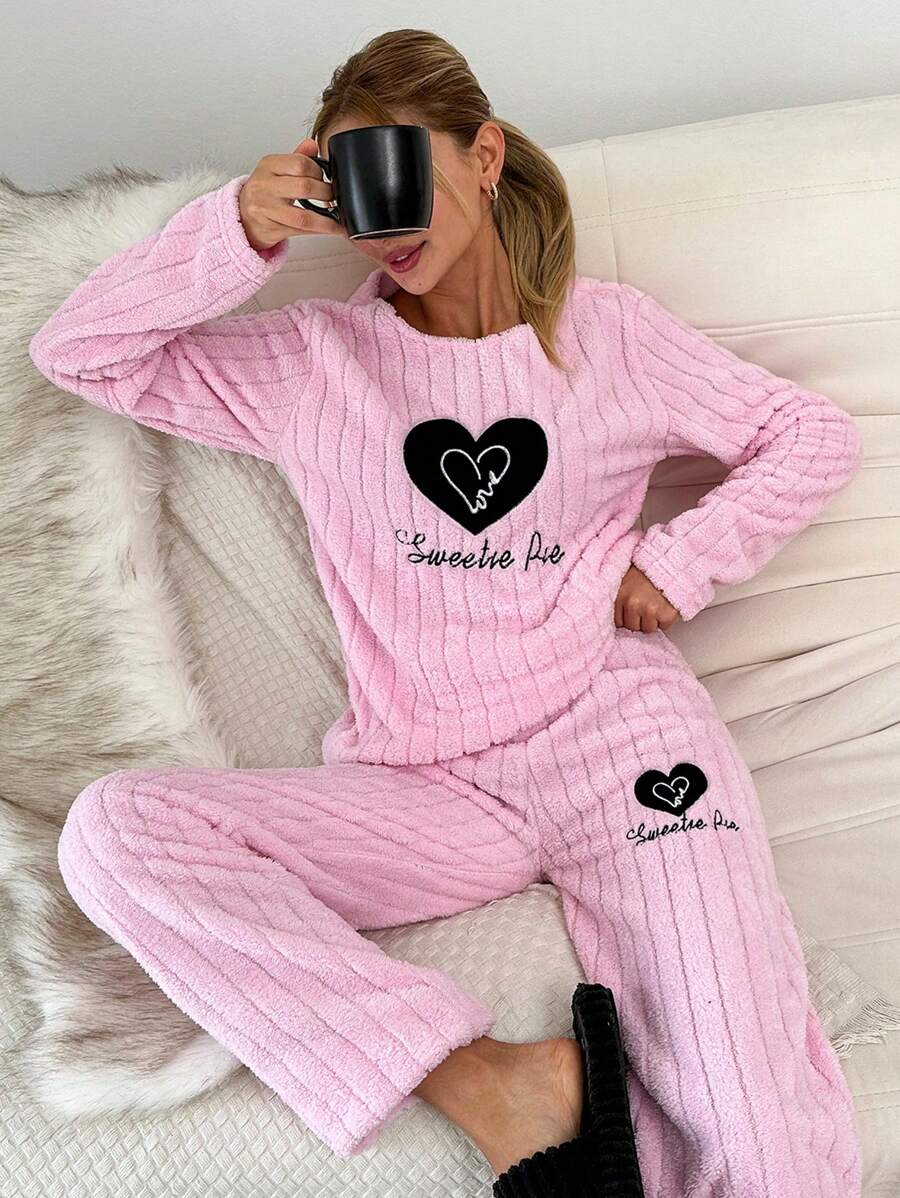 SHEIN Cottnline Heart & Letter Embroidery Flannel PJ Set - Pink - View 1