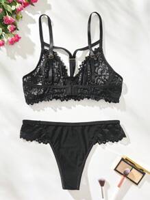 Spicy Aura Women Sexy Lingerie Kontras Lace Plain - Hitam - View 2