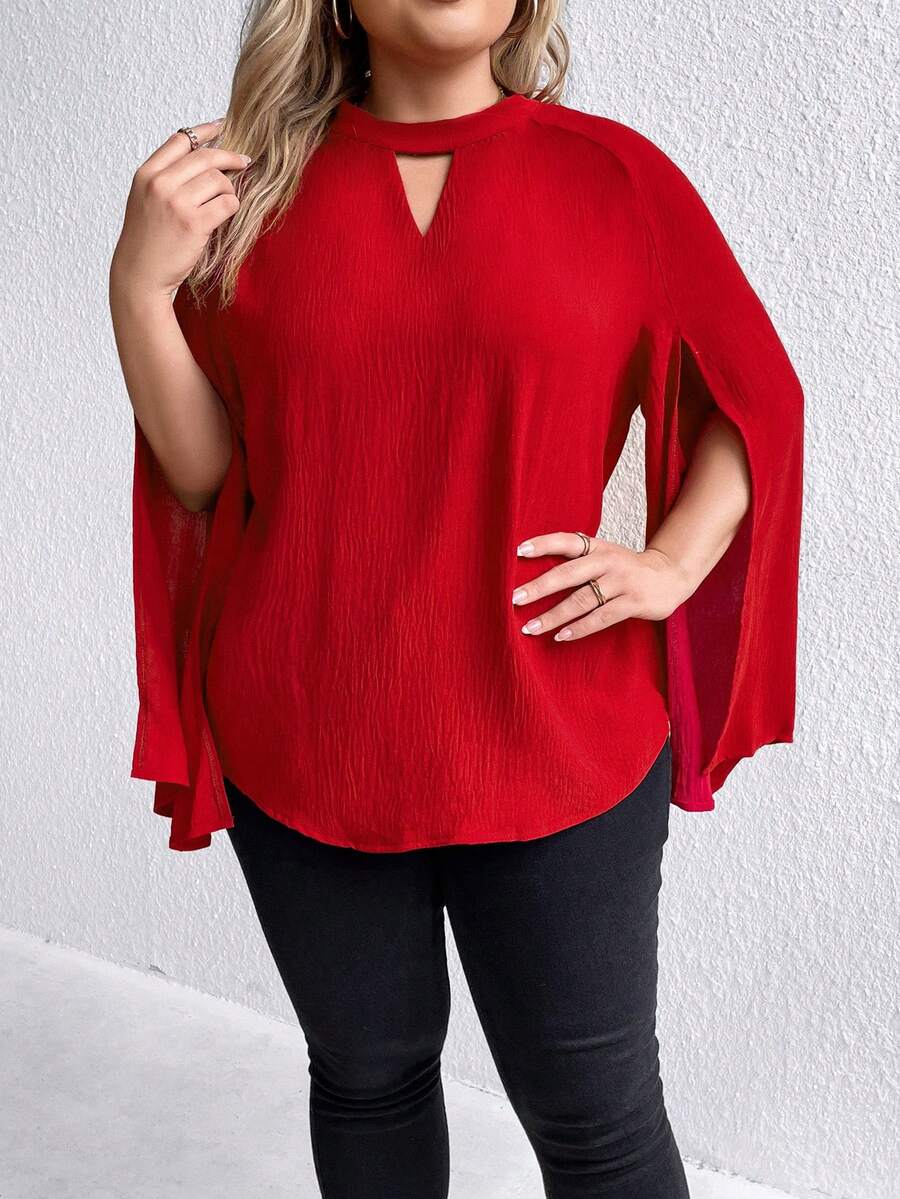 SHEIN Clasi Hơn Đường viền lỗ khóa Tách tay áo Áo sơ mi - Đỏ - Xem 1