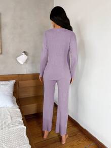 EURMUSE 字母印花罗纹针织休闲服套装 - 紫色 - 查看 2