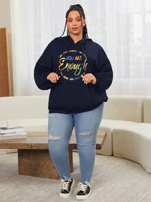 SHEIN CURVE+ 加大码字母图案袋鼠口袋落肩抽绳卫衣 - 藏蓝色 - 查看 6