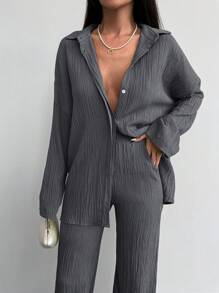 SHEIN Cottnline 2pcs/set Solid Color Textured Fabric Shirt And Pants Suit - Dark Grey - View 5