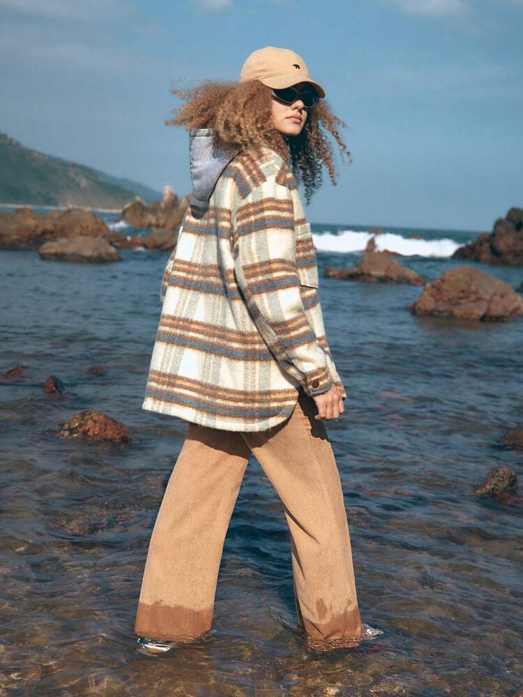 Plaid Print Drop Shoulder Hooded Jacket