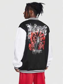 ROMWE MEN Goth 男士字母&蜘蛛印花雙色條紋飾邊學院風夾克 - 黑色 - 查看 5