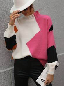 SHEIN LUNE 撞色小高領落肩袖套頭毛衣 - 玫紅色 - 查看 5