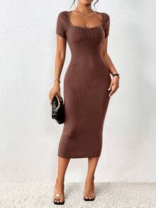 SHEIN Privé Vestido de punto escote corazón tejido de canalé - Color caoba - Ver 5