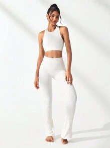 SHEIN Sports Solid Rib Knit Seamless Sports Set - White - View 4