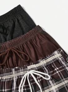SHEIN 3pcs Plaid & Letter Graphic Knot Waist Lounge Shorts - Multicolor - View 4