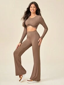 SHEIN Sports Twist Front Crop Tee & Flare Pants Sports Set - Brown - View 5