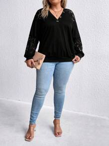 SHEIN LUNE Plus Contrast Lace Raglan Sleeve Sweatshirt - Black - View 1