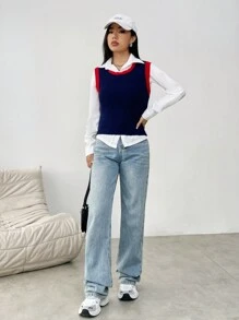 SHEIN Unity 拼接邊毛衣背心不帶襯衫 - 藏蓝色 - 查看 4