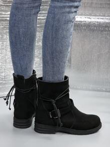 Side Zipper Buckle Strap Short Boots, Black - Black - View 7