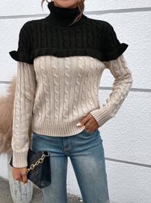 SHEIN Essnce Two Tone Turtleneck Ruffle Trim Cable Knit 2 In 1 Sweater - Multicolor - View 1