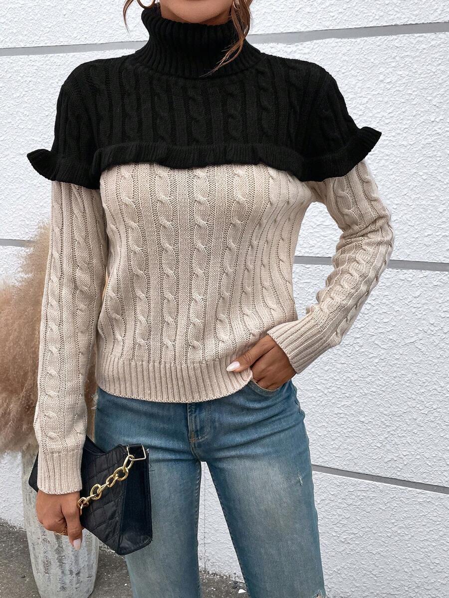 SHEIN Essnce Two Tone Turtleneck Ruffle Trim Cable Knit 2 In 1 Sweater - Multicolor - View 1