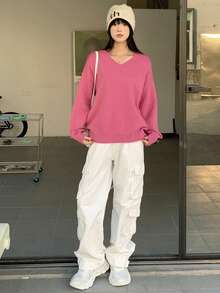 DAZY Patched Detail Drop Shoulder Sweater - Hot Pink - View 7