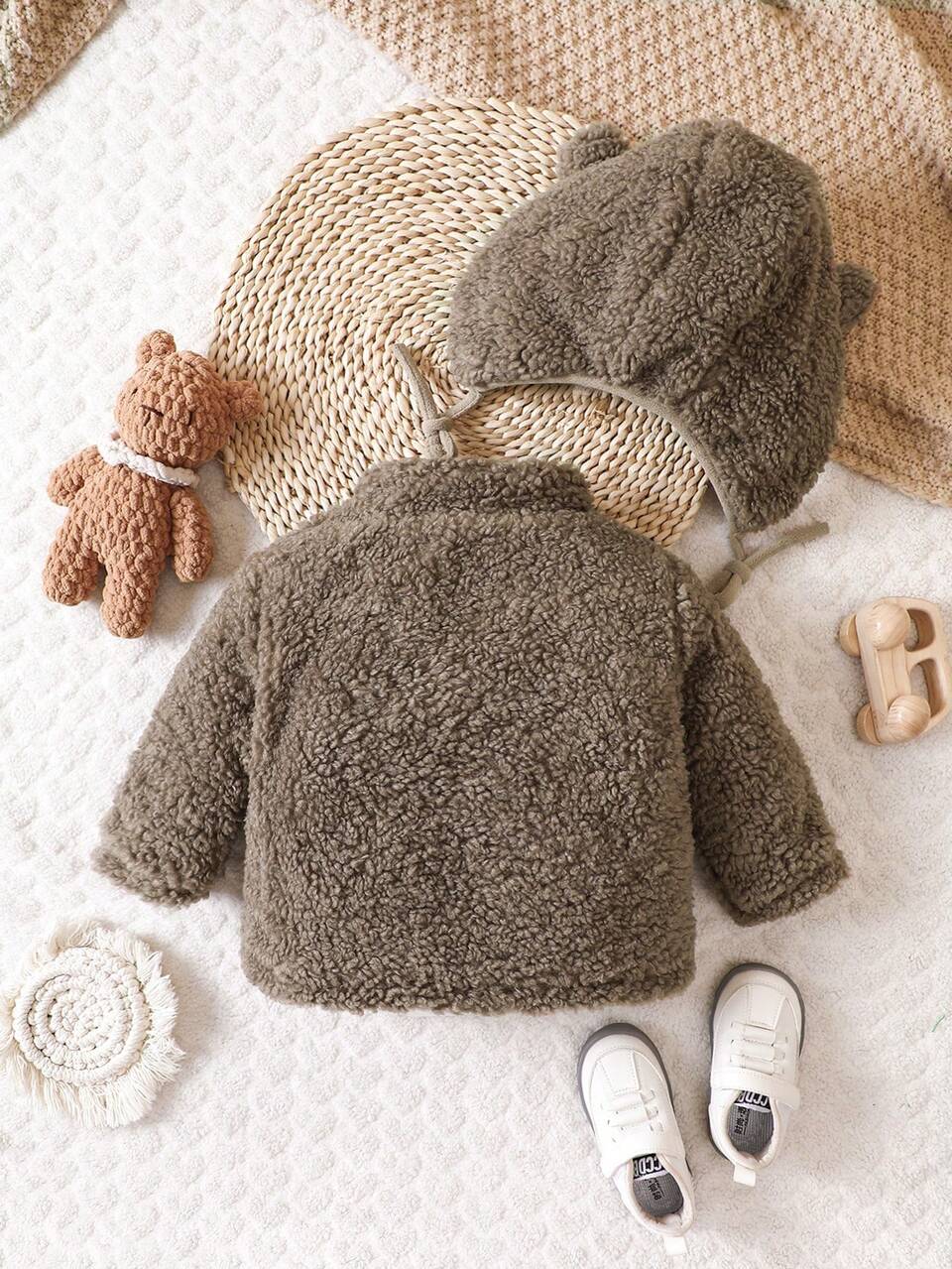 Baby Boy Bear Embroidery 3D Ears Design Hooded Teddy Coat & Hat