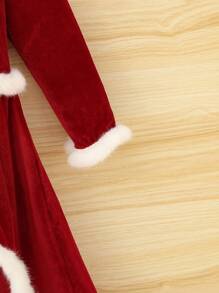 SHEIN Cô Gái Trẻ Trang trí Fuzzy Viền không đối xứng Nhung Đầm - Đỏ - Xem 5