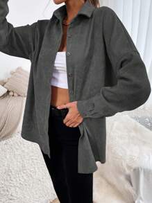 SHEIN Essnce 素色前紐扣燈芯絨襯衫 - 灰色 - 查看 5