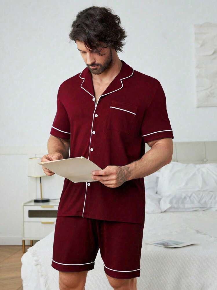 SHEIN Men Contrast Piping PJ Set / Pajama Set - Burgundy - View 1