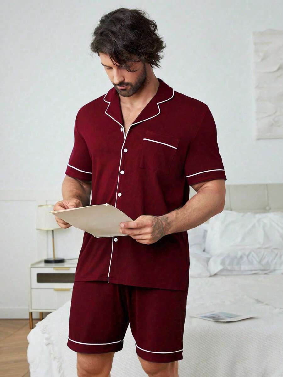 Snug Zone Men Contrast Piping PJ Set / Pajama Set - Burgundy - View 1