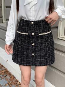 Dazy Star Button Front Tweed Skirt Fall,Winter Plaid - Black - View 4