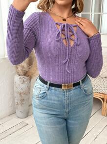 Flirla Plus Size Women Solid Color Tie Collar Long Sleeve Ribbed Casual T-Shirt, Autumn - Purple - View 3