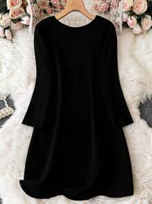 SHEIN Clasi Talla grande Vestido de punto unicolor tejido de canalé - Negro - Ver 2