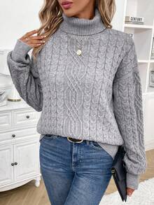 SHEIN LUNE Turtleneck Cable Knit Drop Shoulder Sweater - Grey - View 7
