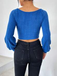 SHEIN Privé 雞心領口燈籠袖短款T恤 - 藍色 - 查看 2