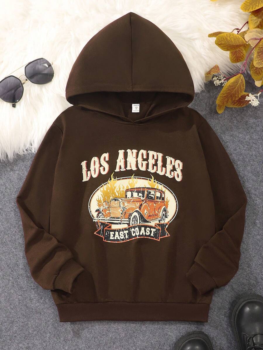 SHEIN Tween Girl Car & Letter Graphic Thermal Lined Hoodie