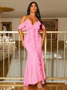 SHEIN SXY Ruffle Trim Tie Backless Halter Dress - Pink - View 1
