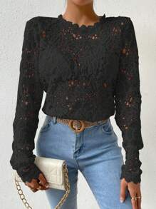 Chiquease 素色薄透提花蕾絲襯衫不附胸罩 - 黑色 - 查看 5